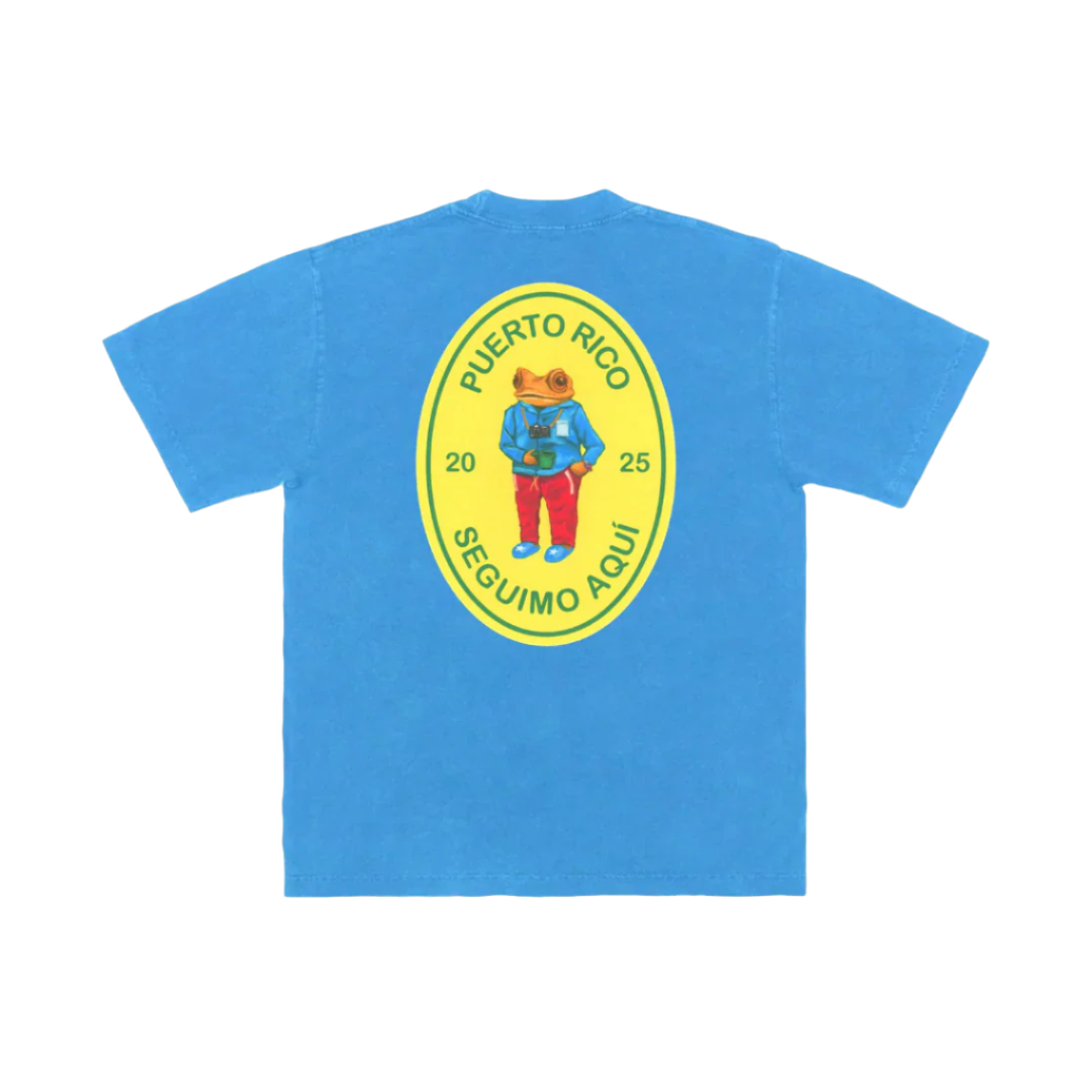 Blue t-shirt with a colorful graphic on the back against a white background