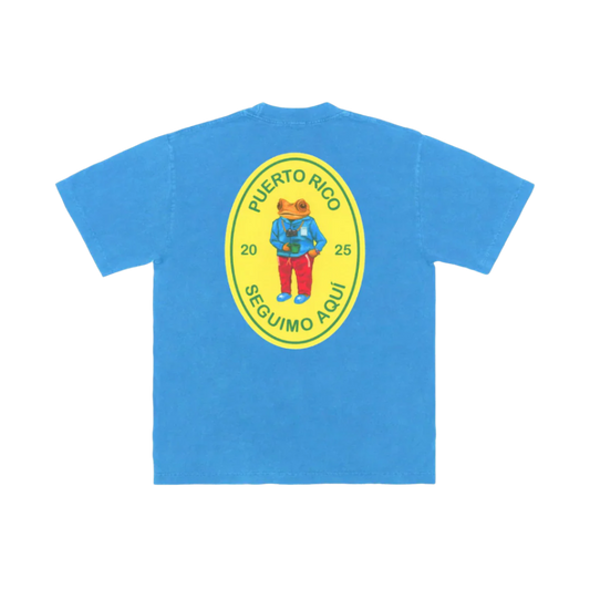 Blue t-shirt with a colorful graphic on the back against a white background