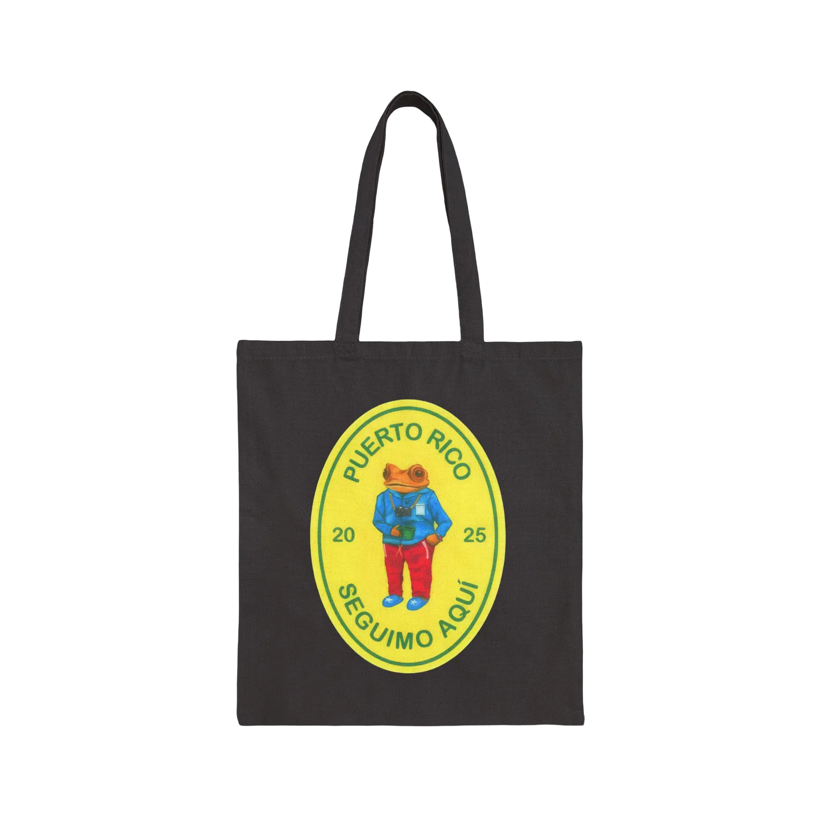Black tote bag with a colorful graphic of a frog and text on a black background