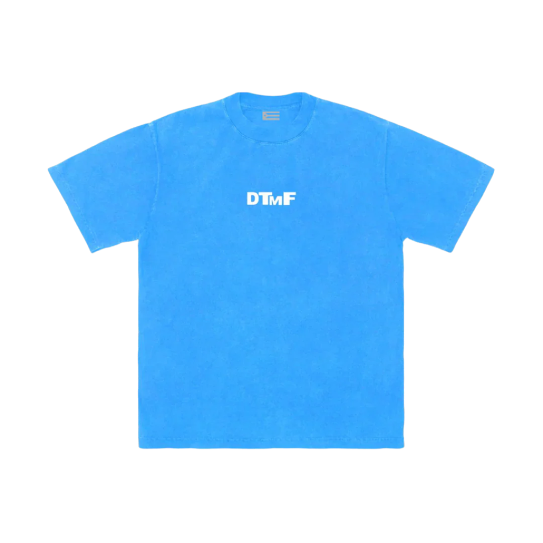Blue t-shirt with 'DTMF' logo on a white background