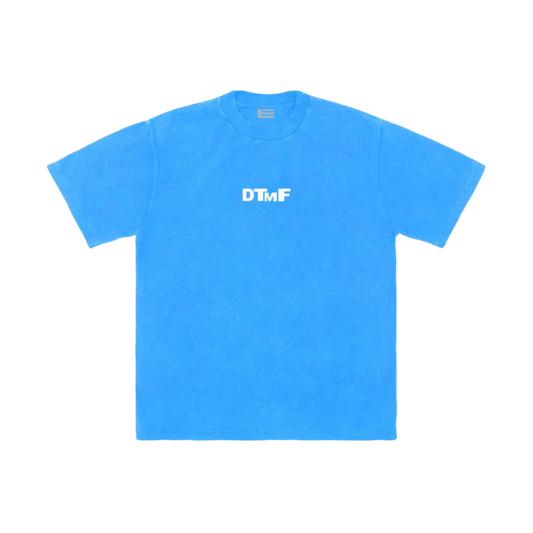 Blue t-shirt with 'DTMF' logo on a white background