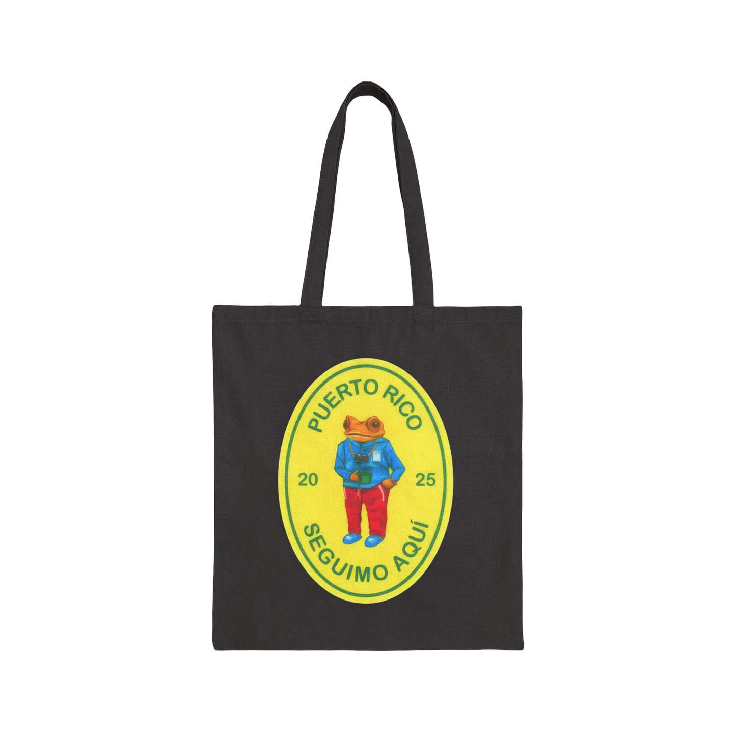Black tote bag with a colorful graphic of a frog and text on a black background